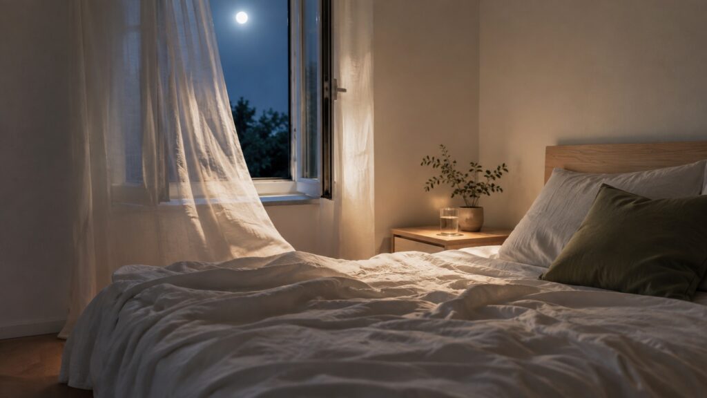 Dormitorio de noche fresco y ordenado, con la ventana abierta y luz de luna, ideal para dormir con calor sin agobios.