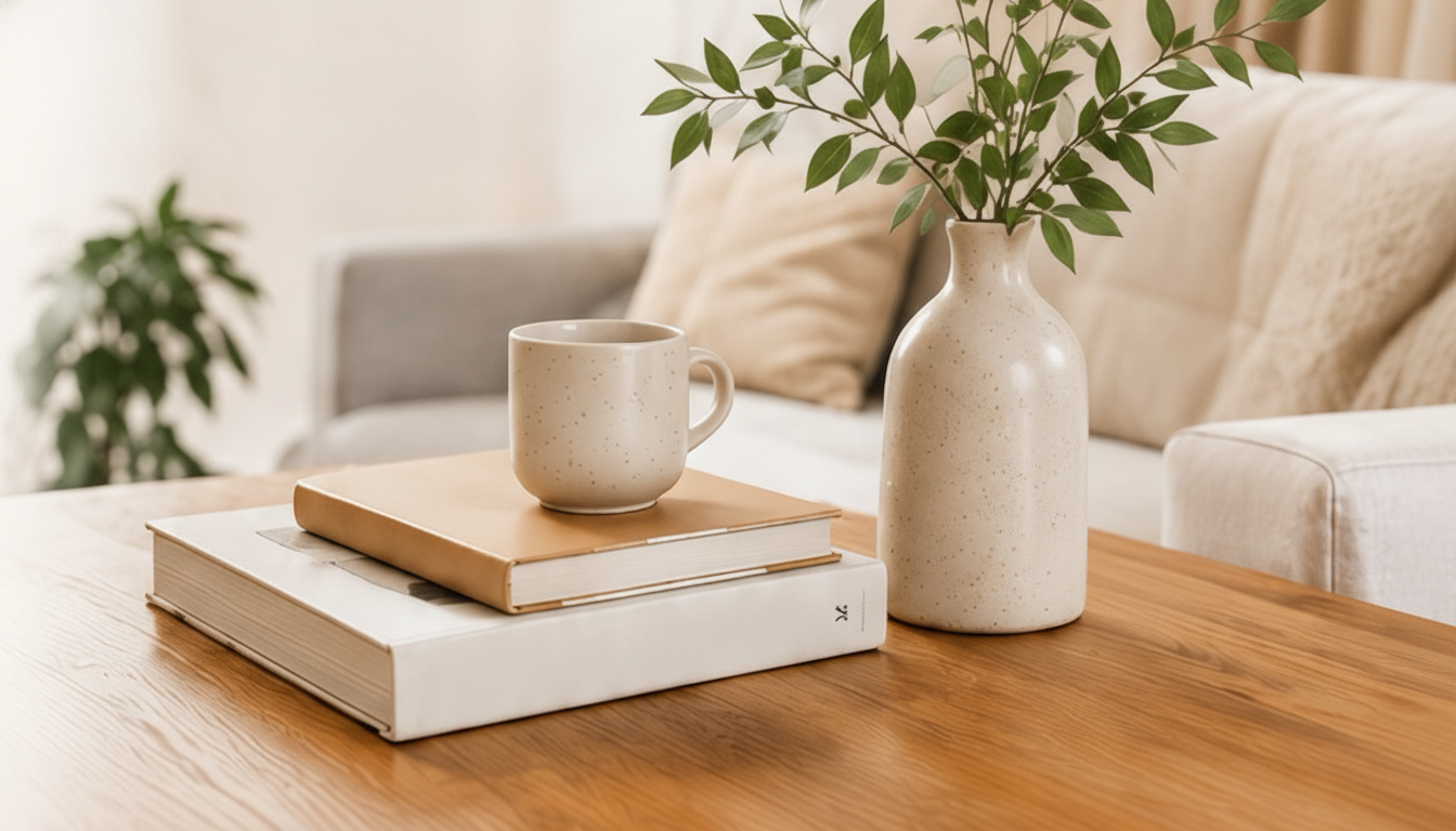 Mesa de centro de madera con libros, una taza de café y un jarrón con ramas verdes, en un salón cálido y minimalista.